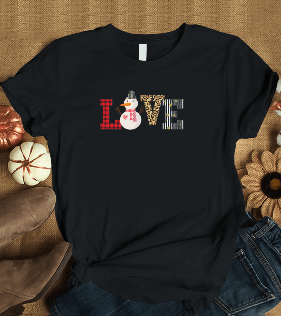 Love Christmas Funny Xmas Snowman Buffalo Plaid Leopard Print Holiday T-Shirt