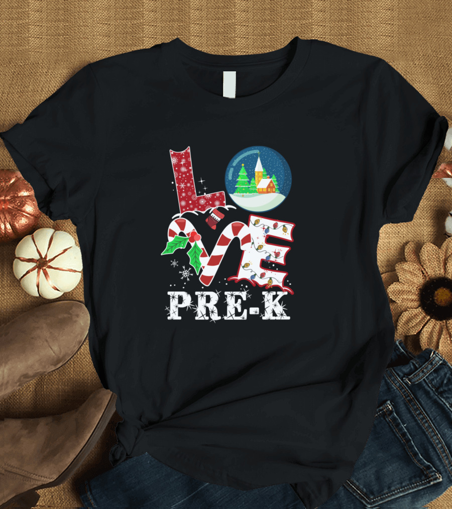 Love Pre-K Christmas Celebration Snow Globe Candy Cane T-Shirt