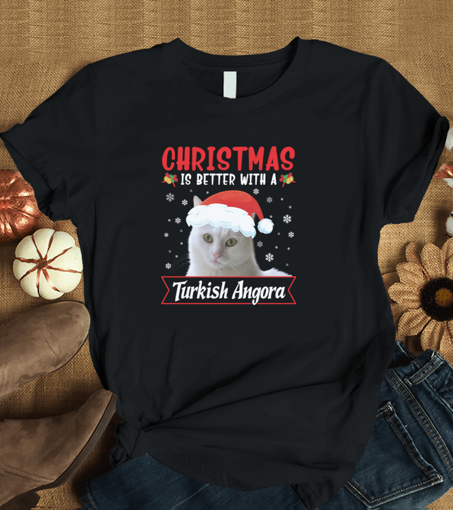 Christmas Is Better With A Turkish Angora Cat Santa Hat Snowflakes T-Shirt