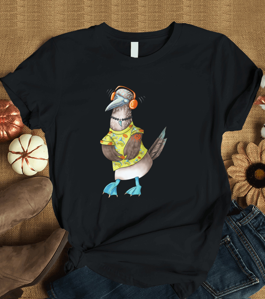 Cool Bird With Funky Headphones and Psychedelic T-Shirt