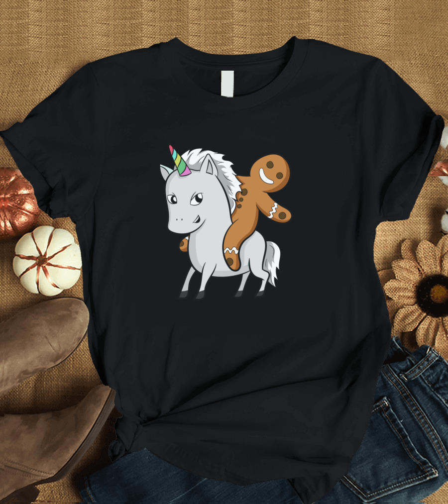 Gingerbread Man Riding Unicorn Rainbow Horn Christmas Fun T-Shirt