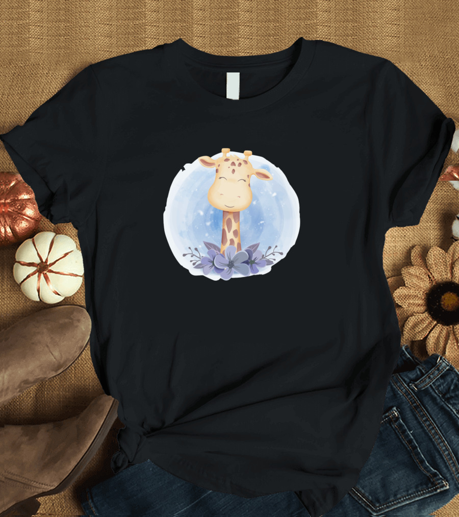 Adorable Cute Baby Giraffe with Flowers and Starry Background T-Shirt