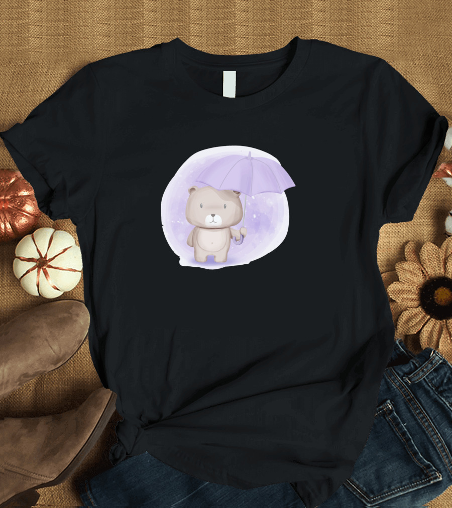 Baby Bear Holding Purple Umbrella T-Shirt