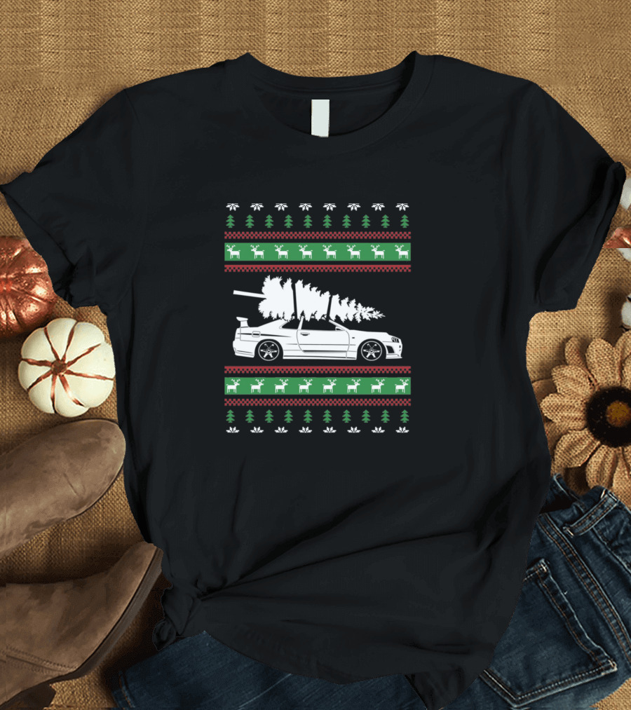 Christmas Car with Tree Subaru Ugly Sweater Style Reindeer Pine Trees T-Shirt