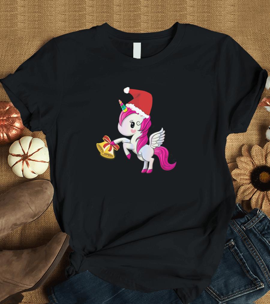Merry Christmas Santa Unicorn Holding Bell T-Shirt