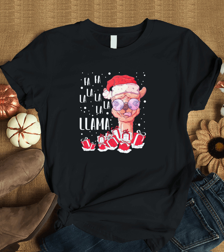 Fa La La Llama Christmas in Santa Hat with Gifts T-Shirt