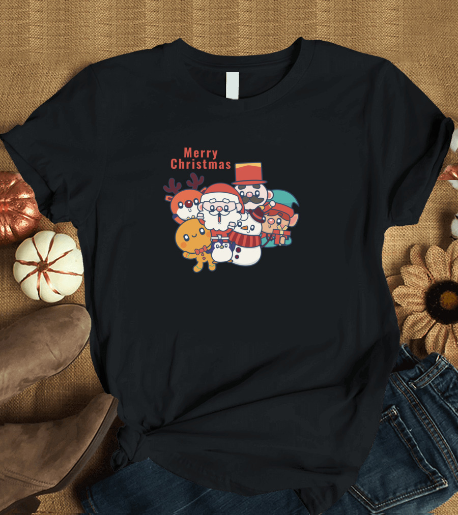 Merry Christmas Santa Claus Snowman Reindeer Gingerbread Man Elf and Friend T-Shirt