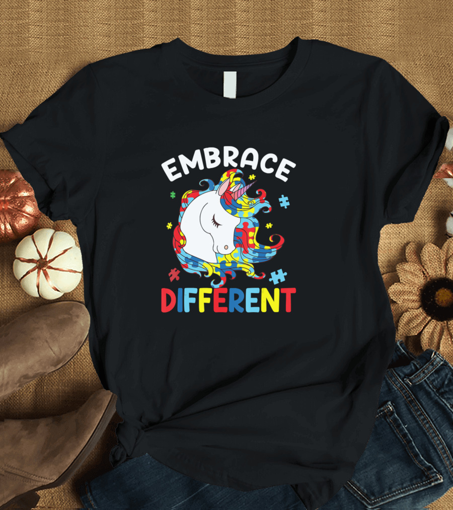 Embrace Different Unicorn Autism Awareness Puzzle Colors T-Shirt