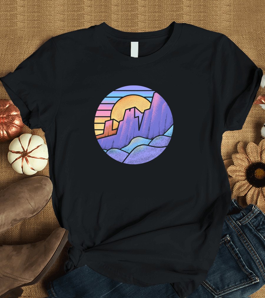 Blocky Mountains Vibrant Geometric Sunrise Horizon T-Shirt