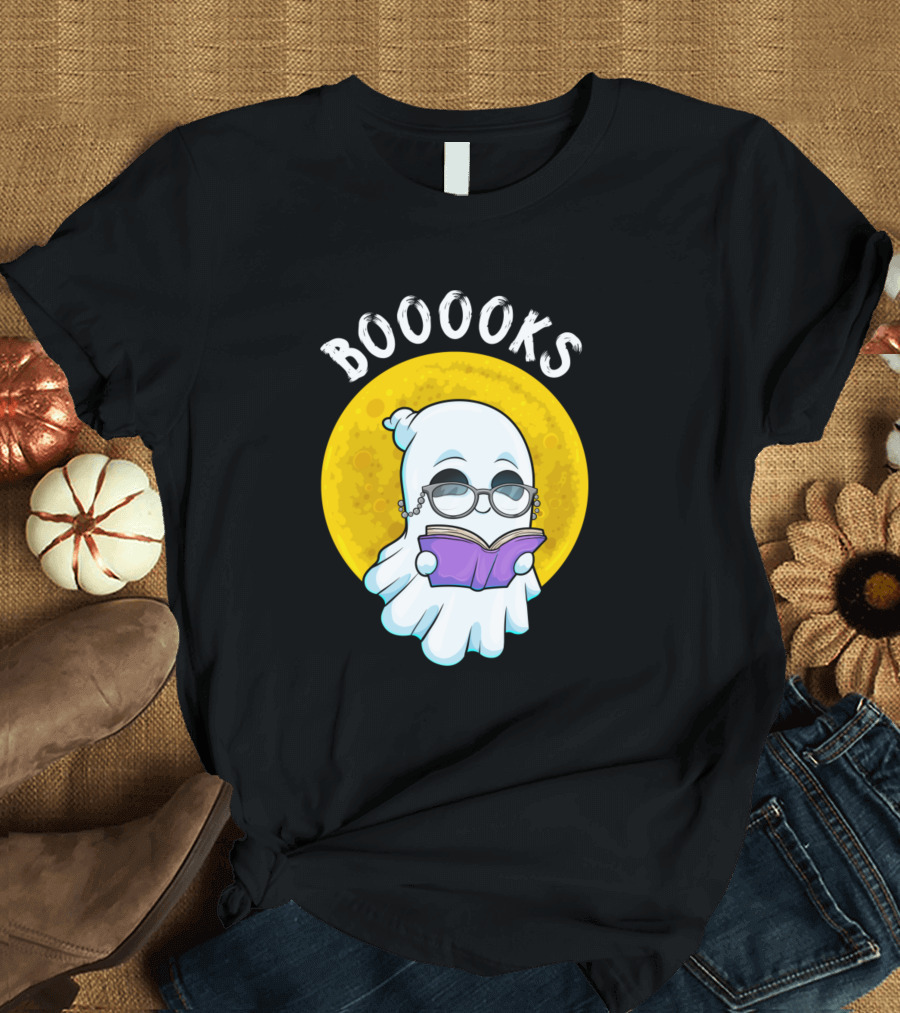 BOOOOKS Moon Ghost Reading Halloween Bookworm T-Shirt