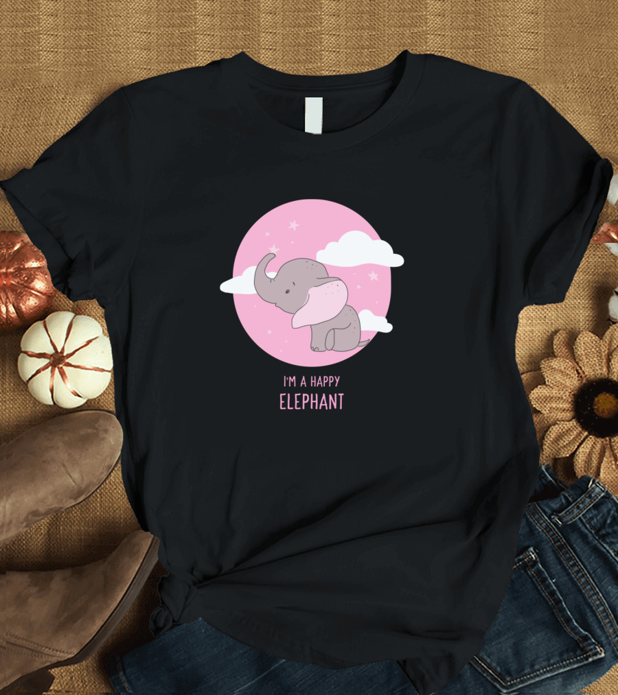 I'm A Happy Elephant Cute Pink Sky Stars Clouds T-Shirt
