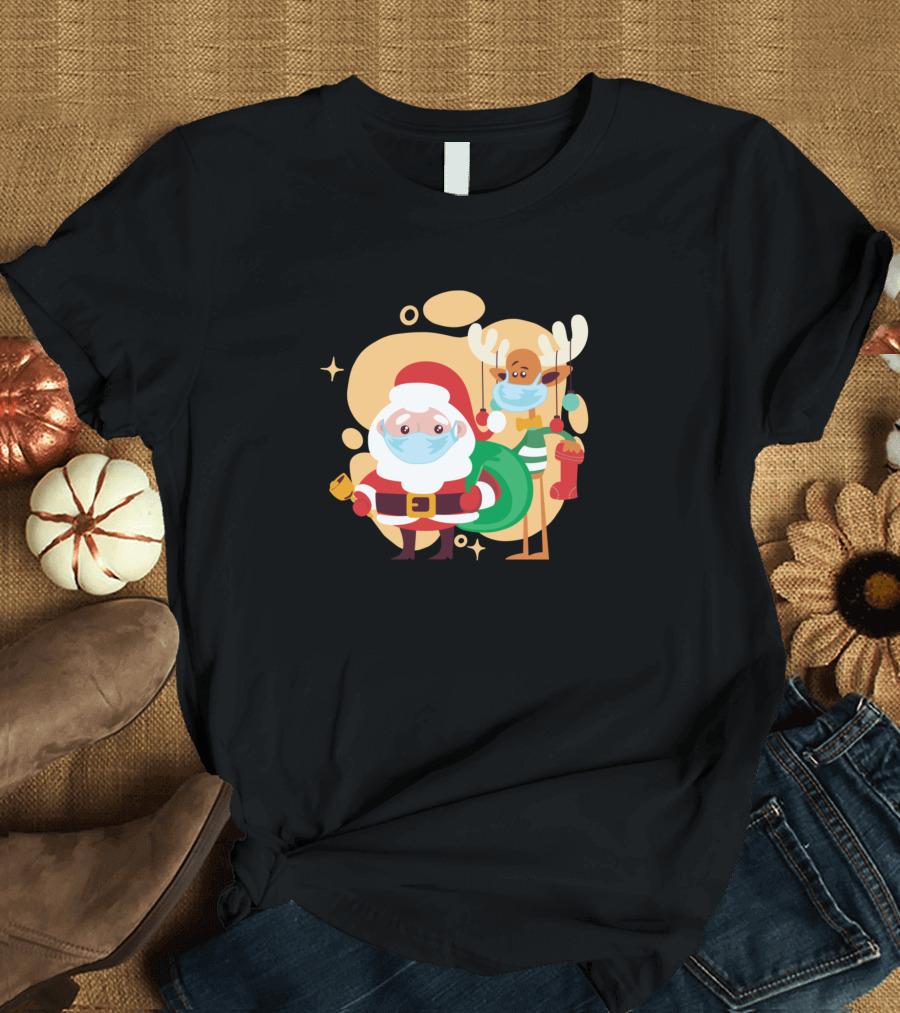 Santa and Reindeer with Masks and Holiday Cheer T-Shirt