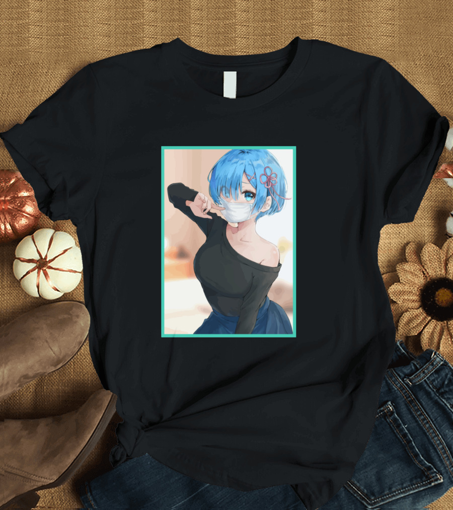 Rem Anime Character Blue Hair Mask Pose T-Shirt