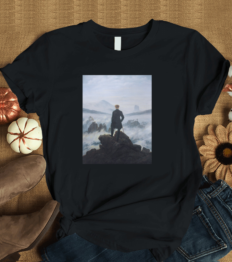 Wanderer Overlooking Misty Landscape in Friedrich's Iconic Scene T-Shirt