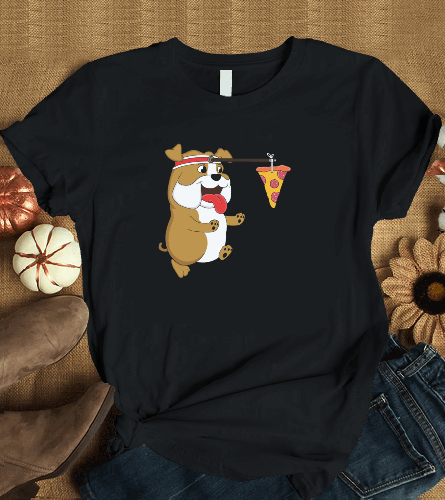 Dog English Bulldog Running with Pizza Slice Motivation T-Shirt