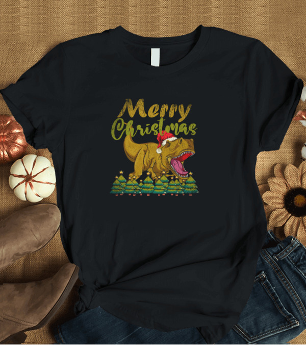 T-Shirt: Merry Christmas Festive Trex Dinosaur with Santa Hat and Xmas Trees T-Shirt Merry Christmas Festive Trex Dinosaur with Santa Hat and Xmas Trees T-Shirt