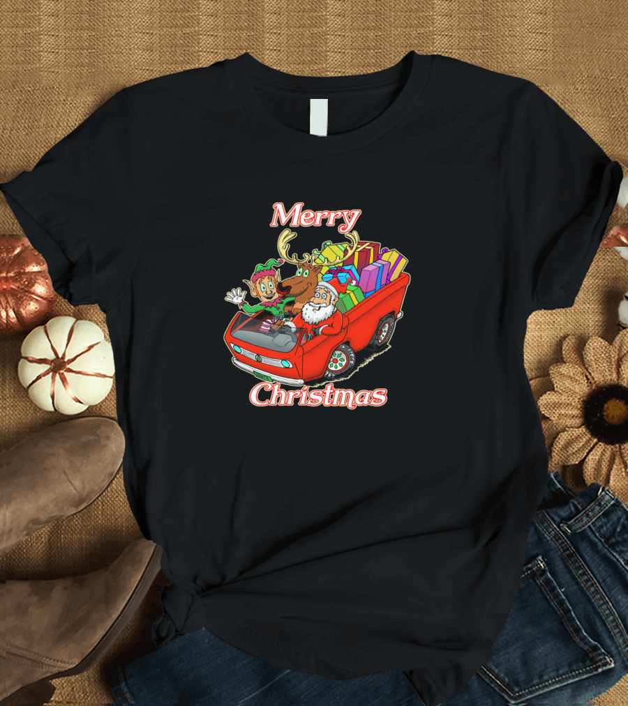 Merry Christmas Santa Express with Elf Reindeer and Gifts in Red Car T-Shirt