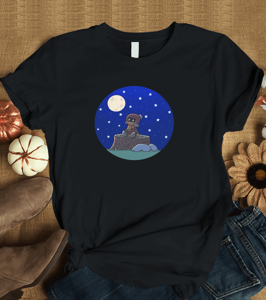 Moonlit Night Star Gazing with Cozy Character on Tree Stump T-Shirt
