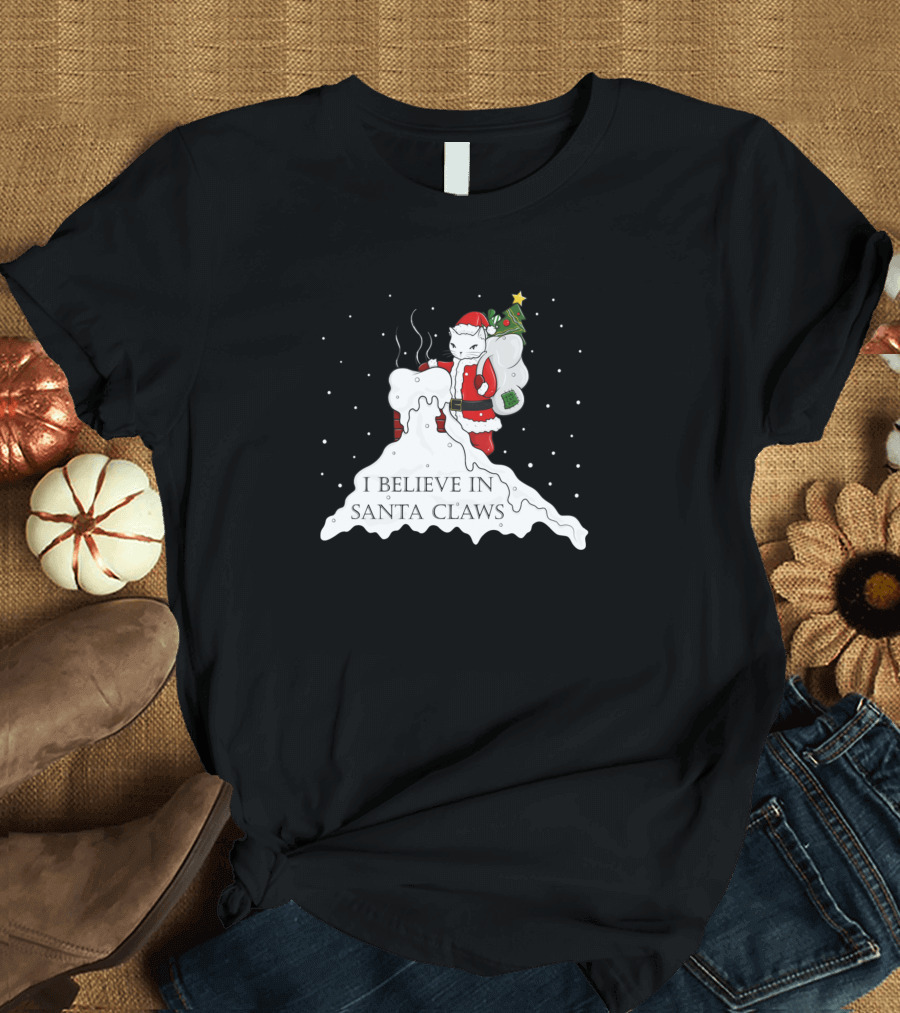 I Believe In Santa Claws Cat with Christmas Tree and Bag T-Shirt