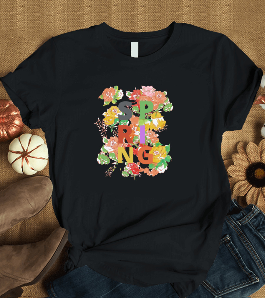 SPRING Lettering with Colorful Floral Background T-Shirt