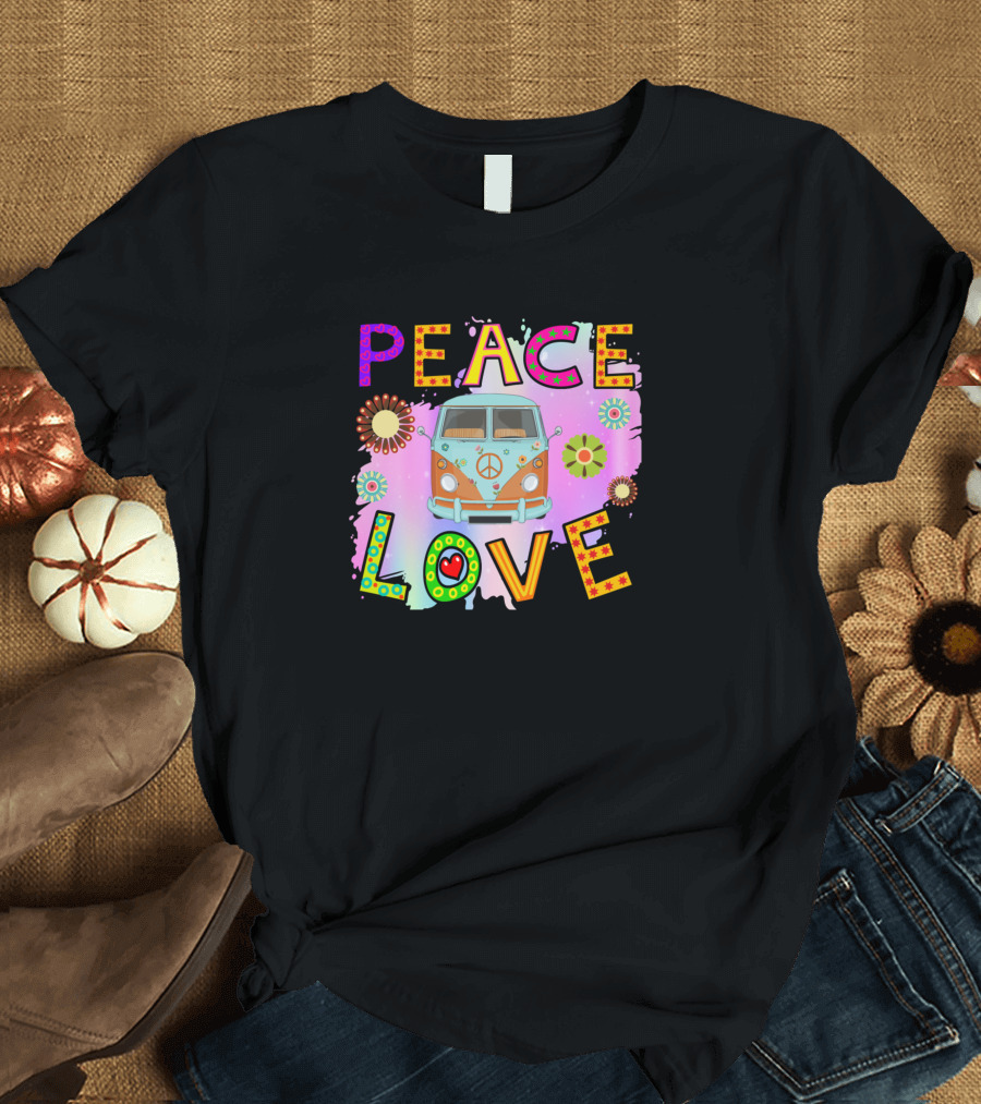 Peace Love Hippie Van Colorful Flowers T-Shirt