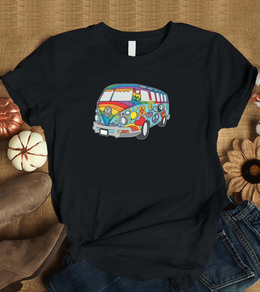 Hippie Retro Vintage Beach Bus with Colorful Hippie Van and Peace Signs T-Shirt
