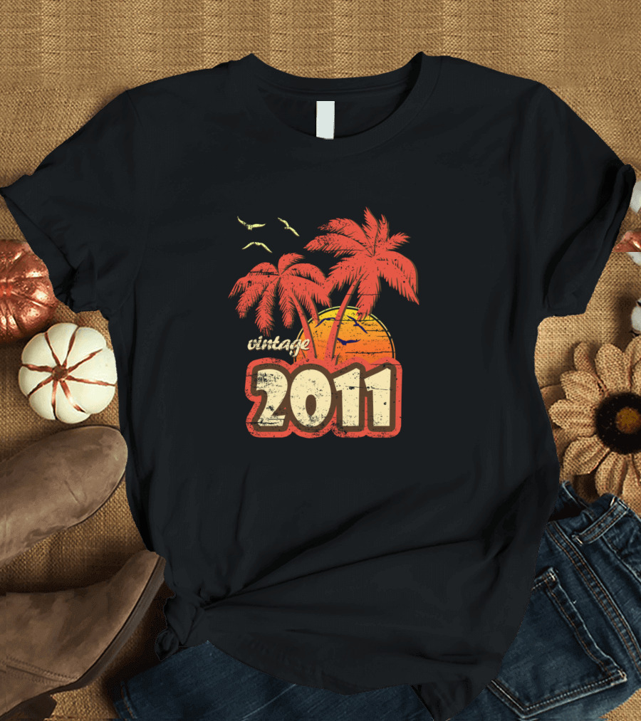 Vintage 2011 Palm Trees Sunset Birds T-Shirt