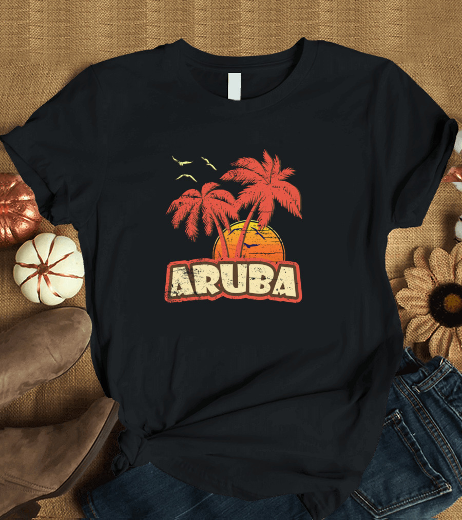 Aruba Vintage Sunset Palm Trees and Birds T-Shirt