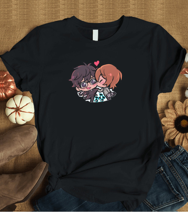 T-Shirt: Persona 5 Cheek Kith Anime Chibi Couple with Heart and Musical Notes T-Shirt Persona 5 Cheek Kith Anime Chibi Couple with Heart and Musical Notes T-Shirt
