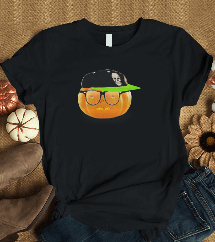Halloween Pumpkin Wearing Skull Cap Glasses T-Shirt