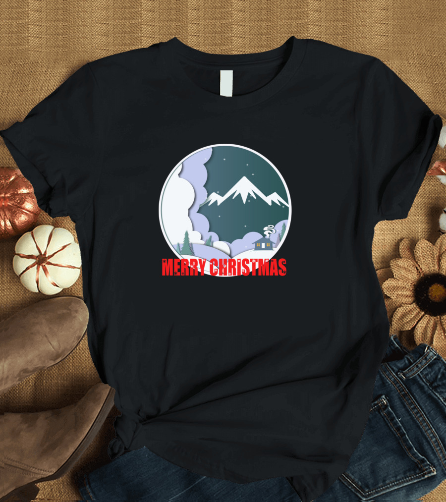 Merry Christmas Snowy Mountain Night Scene Paper Cutout T-Shirt