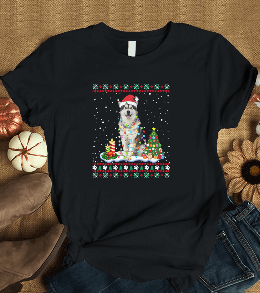 Alaskan Through The Snow Christmas Husky with Santa Hat and Lights T-Shirt