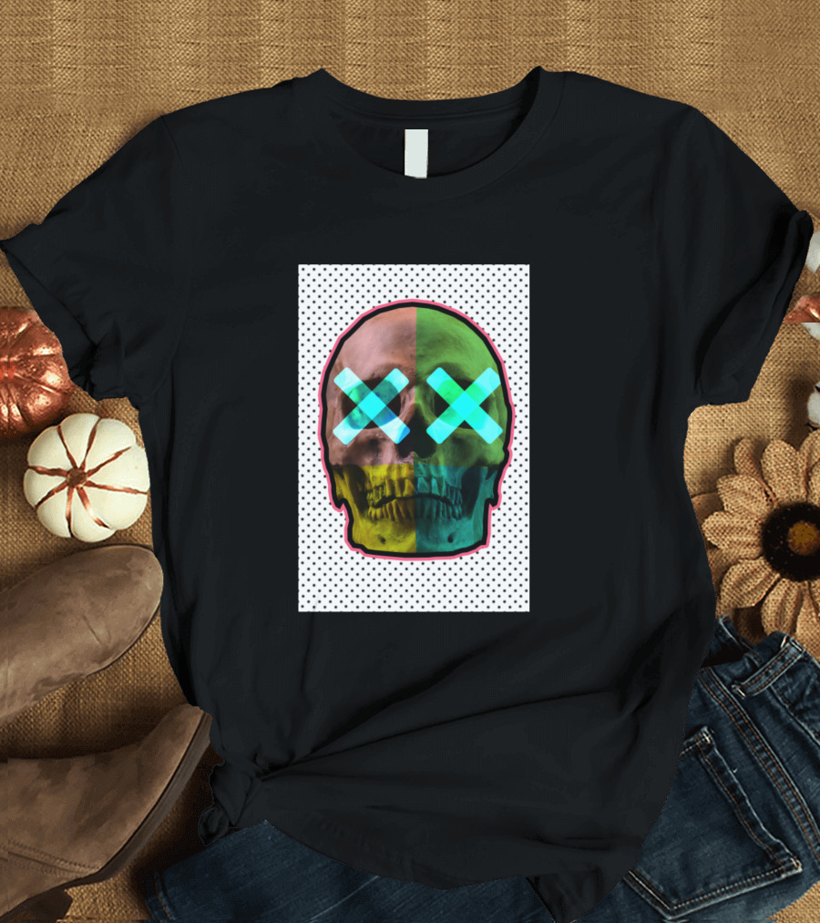 Artsy Skull Colorful Pop Art with Neon X Eyes and Polka Dot Background T-Shirt