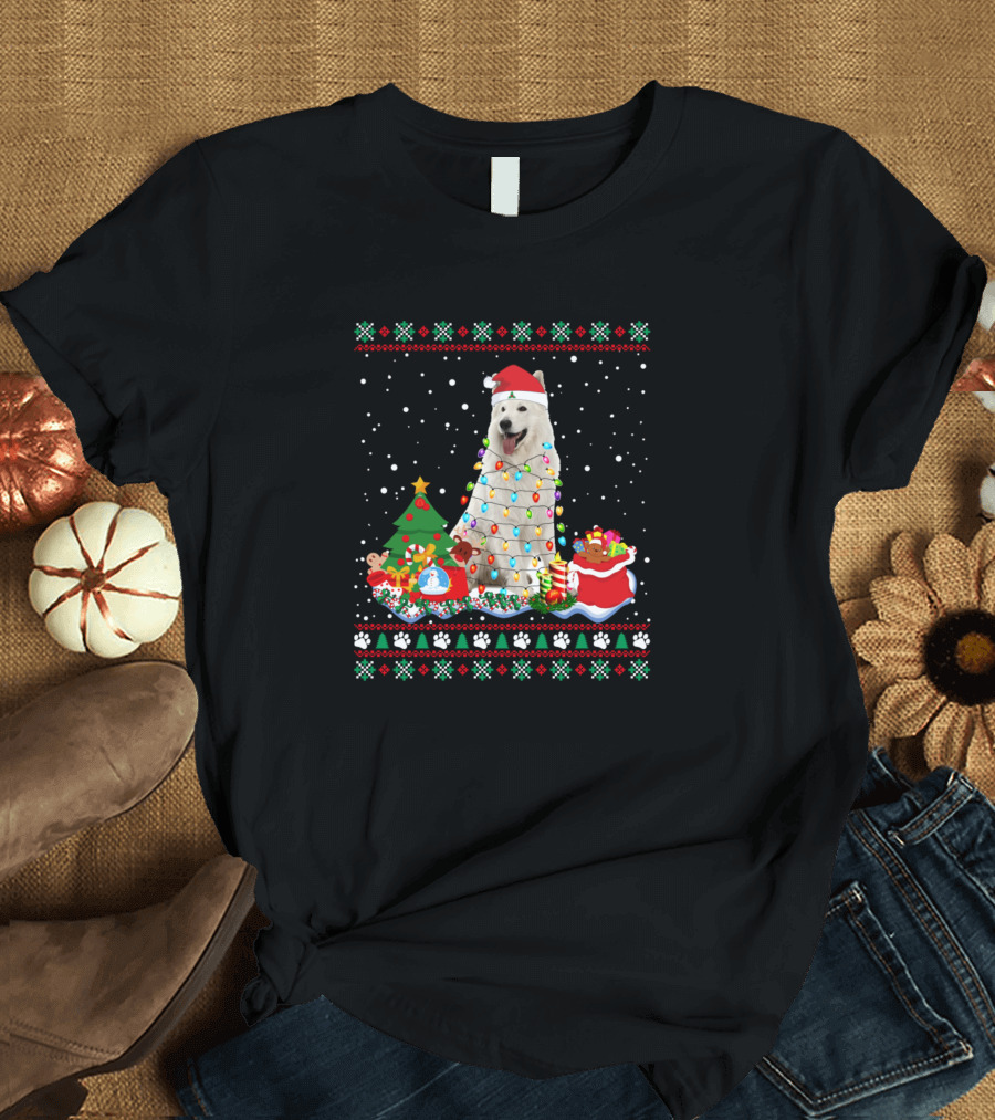 Berger Blanc Suisse Christmas Lights with Santa Hat Snowflakes and Christmas Tree T-Shirt
