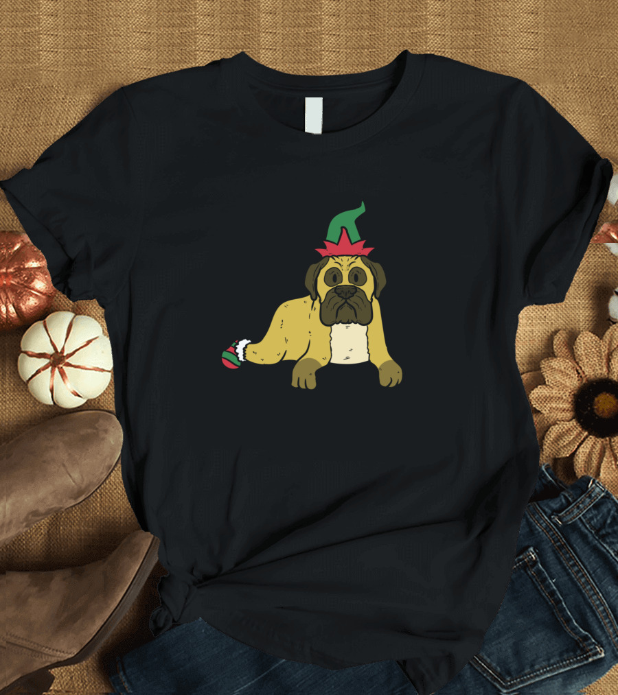 Elfmastiff Dog in Festive Elf Hat and Sock T-Shirt