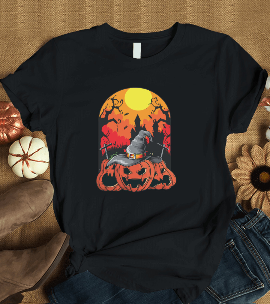 Halloween Pumpkin Spooky Witch Hat Haunted Castle Night Sky T-Shirt