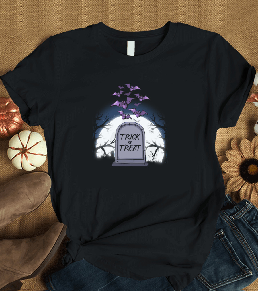 Trick Or Treat Halloween Tombstone with Bats and Moon T-Shirt