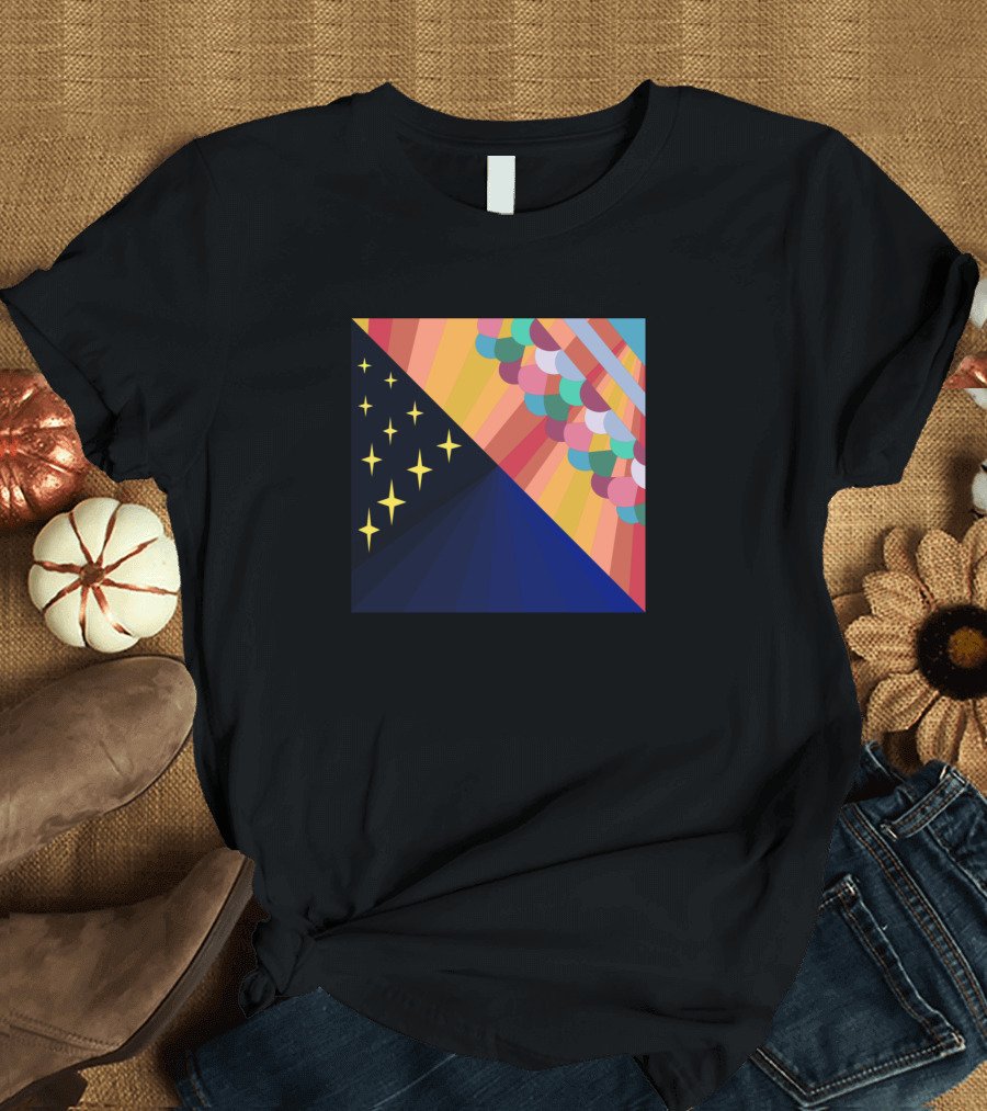 Art Deco Bright Sunrays Colorful Clouds Night Scene Stars T-Shirt