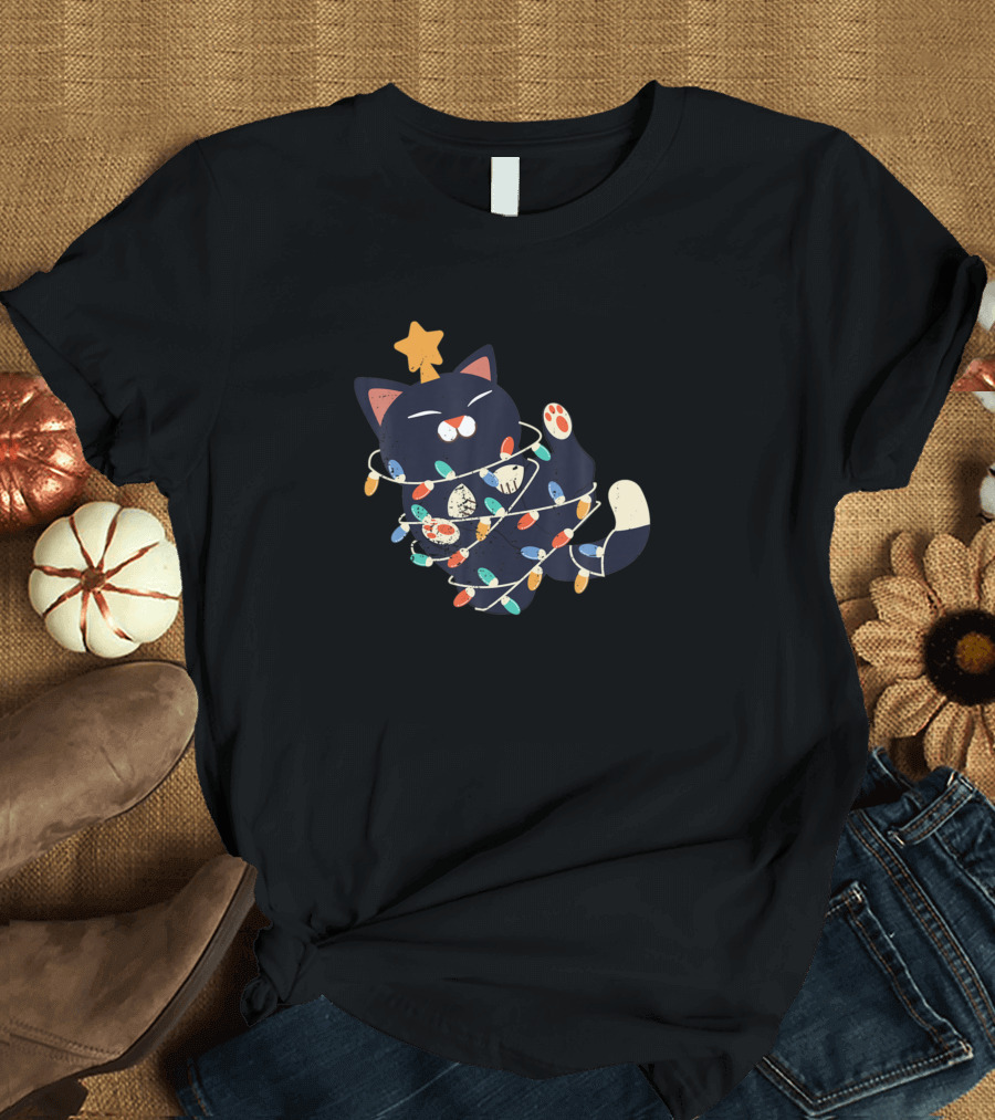 Black Cat Christmas Lights Funny Cat Lover Festive Holiday Kitty T-Shirt