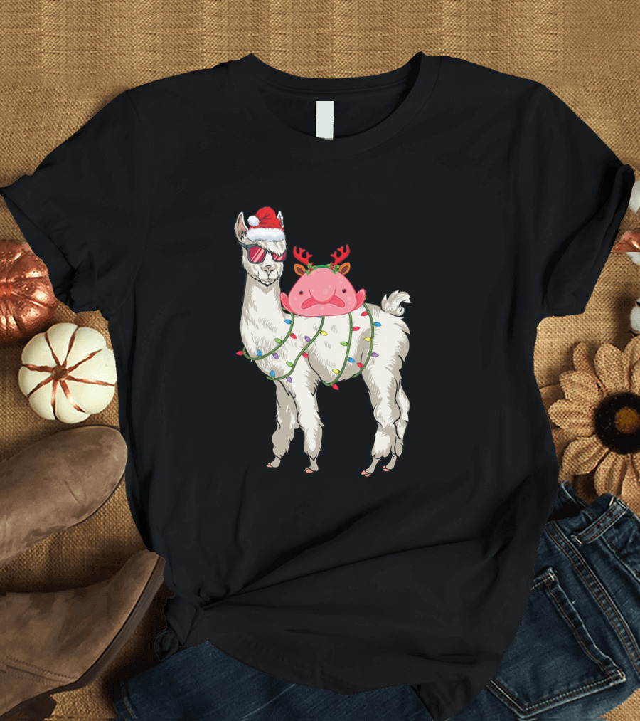 Blobfish Riding Llama Wearing Santa Hat and Christmas Lights T-Shirt