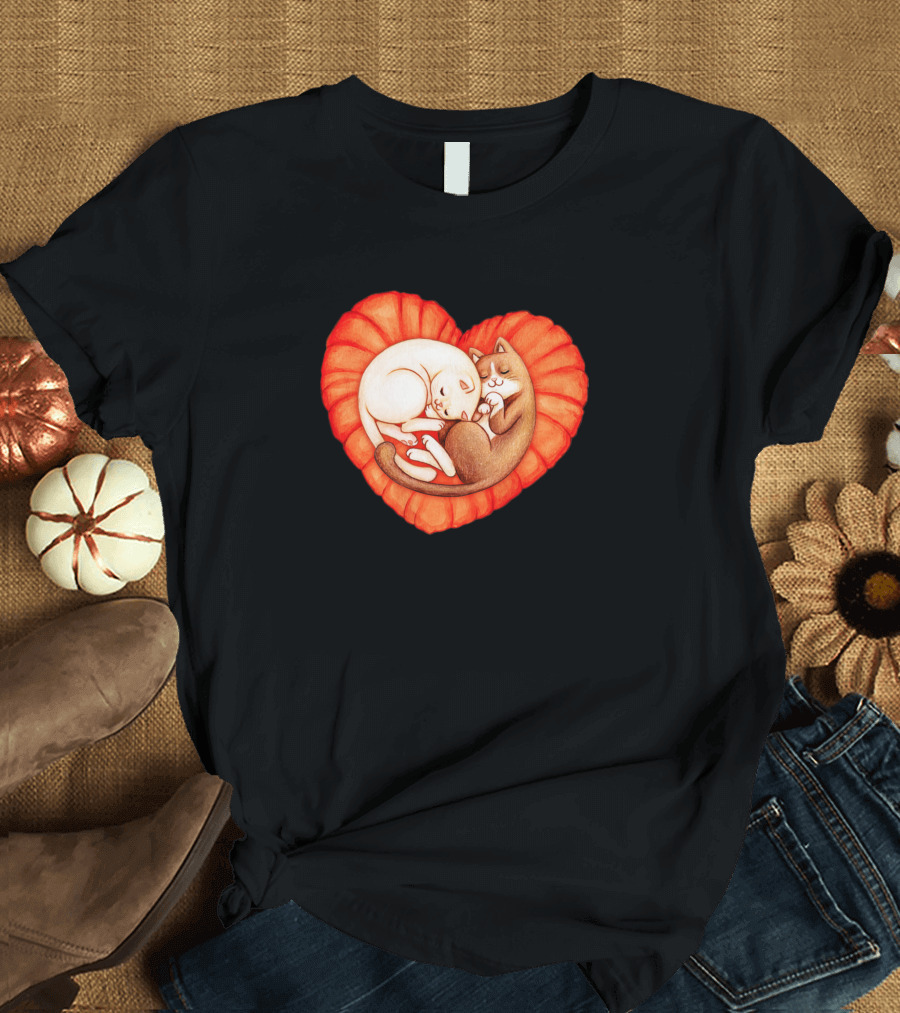 Cats Snuggling on Heart-Shaped Pillow T-Shirt