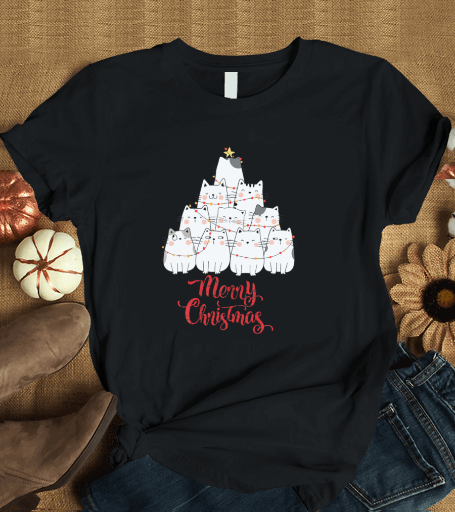Funny Cats Merry Christmas Tree Lights Holiday T-Shirt