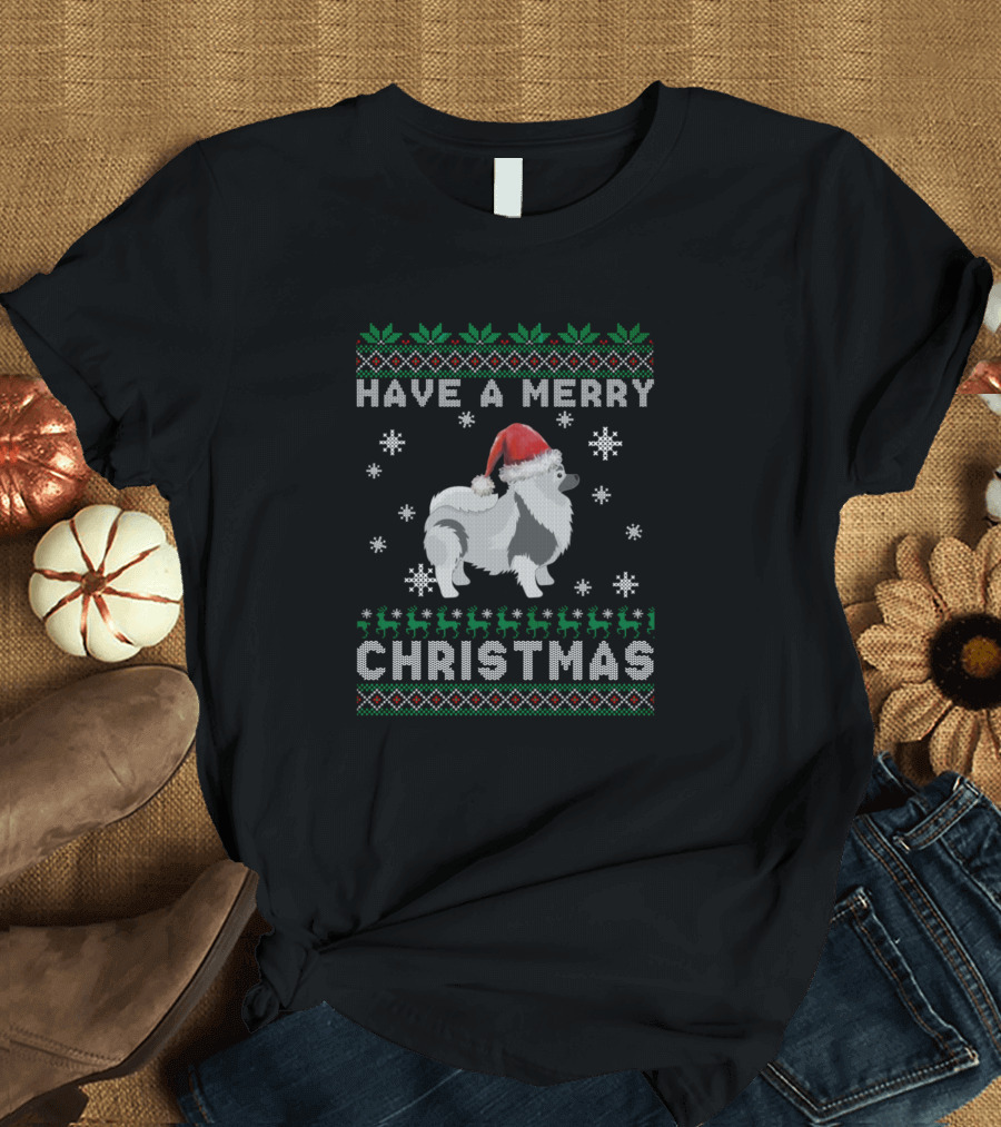Have A Merry Christmas Keeshond Santa Hat Snowflakes Ugly T-Shirt