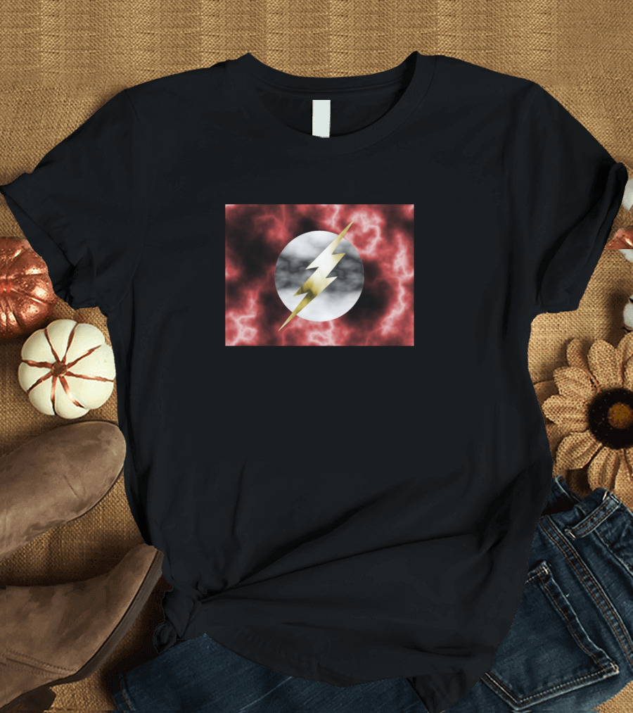 The Flash Lightning Bolt Circle Over Red and Black Stormy Background T-Shirt