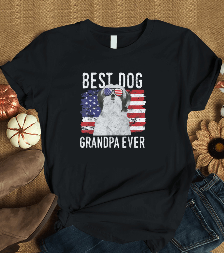 Best Dog Grandpa Ever American Flag Shih Tzu T-Shirt