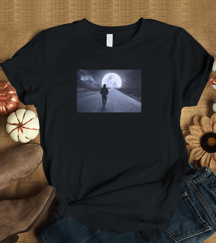 Walking Alone on a Moonlit Night Road T-Shirt