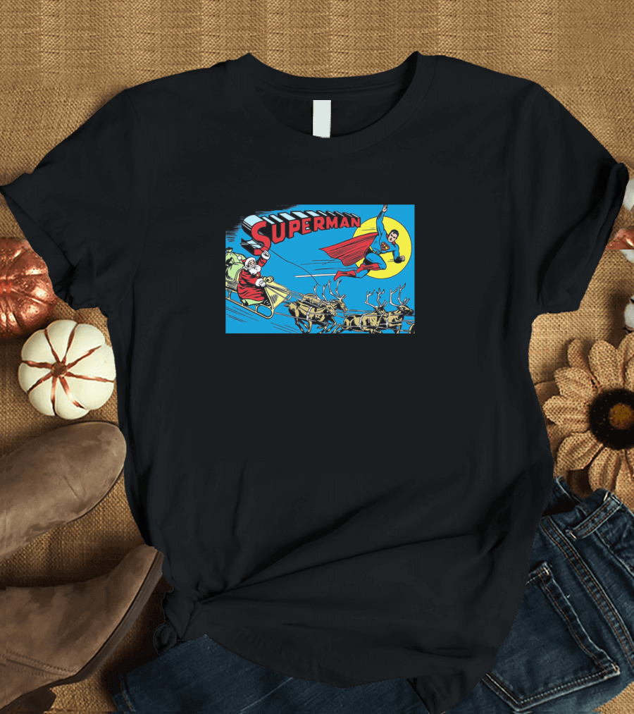 Superman and Santa Sleigh Flying with Reindeer T-Shirt