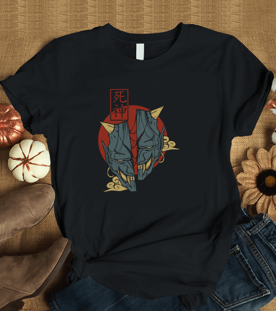 Shinigami Death God Oni Mask Kanji Symbol Red Circle T-Shirt