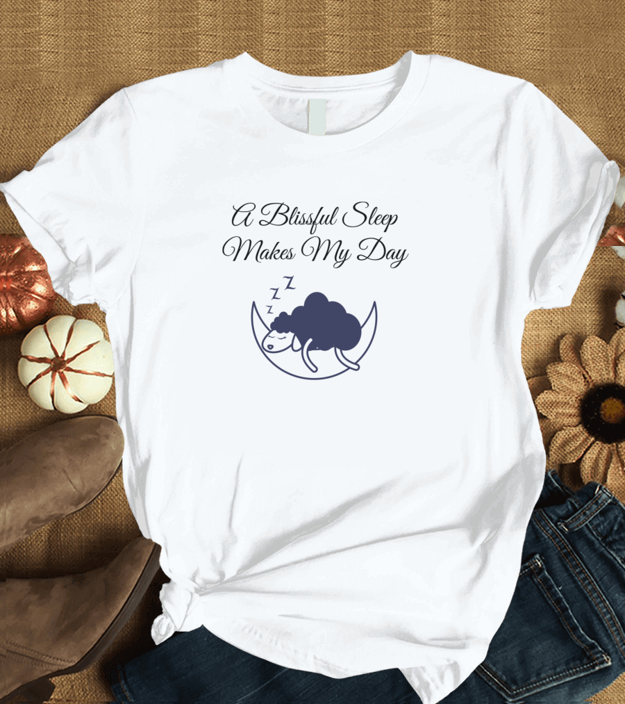 A Blissful Sleep Makes My Day Sleeping Sheep on Crescent Moon T-Shirt