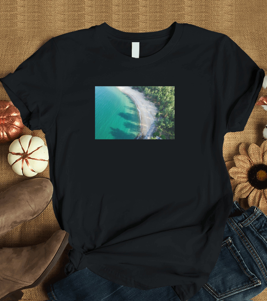 Aerial View of Sandy Beach with Clear Turquoise Waters and Lush Green Forest T-Shirt